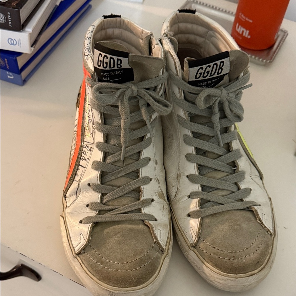 Golden Goose White and Gray High-Tops with Orange Accent